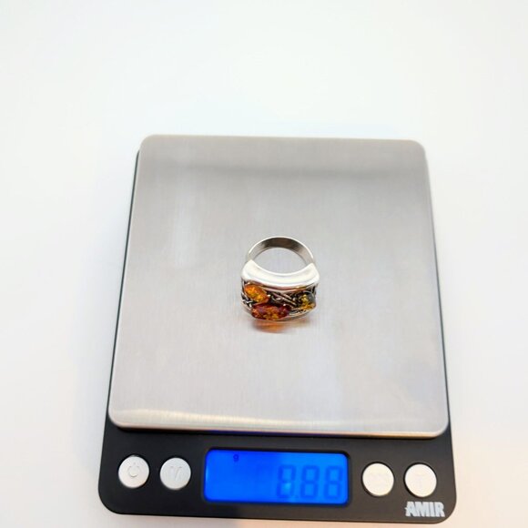 Sterling Silver Ring With Amber Gemstones & Unique Filigree Design - Picture 12 of 13